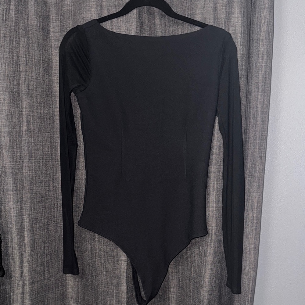 Black Long Sleeve Mesh Sleeved and Open Back Bodysuit